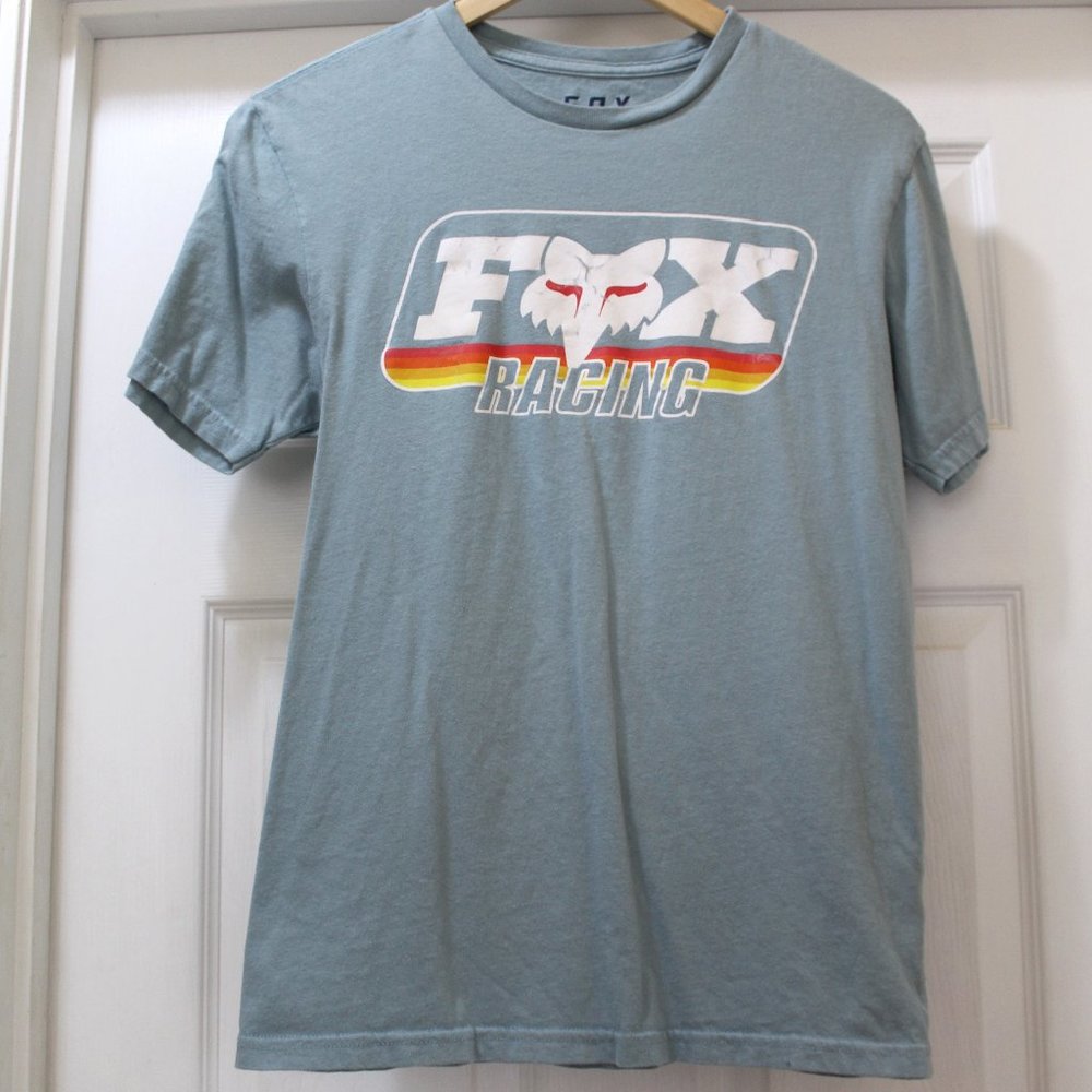 Men's Small Fox Racing T-Shirt Distressed Blue Retro Colors Orange Yello…